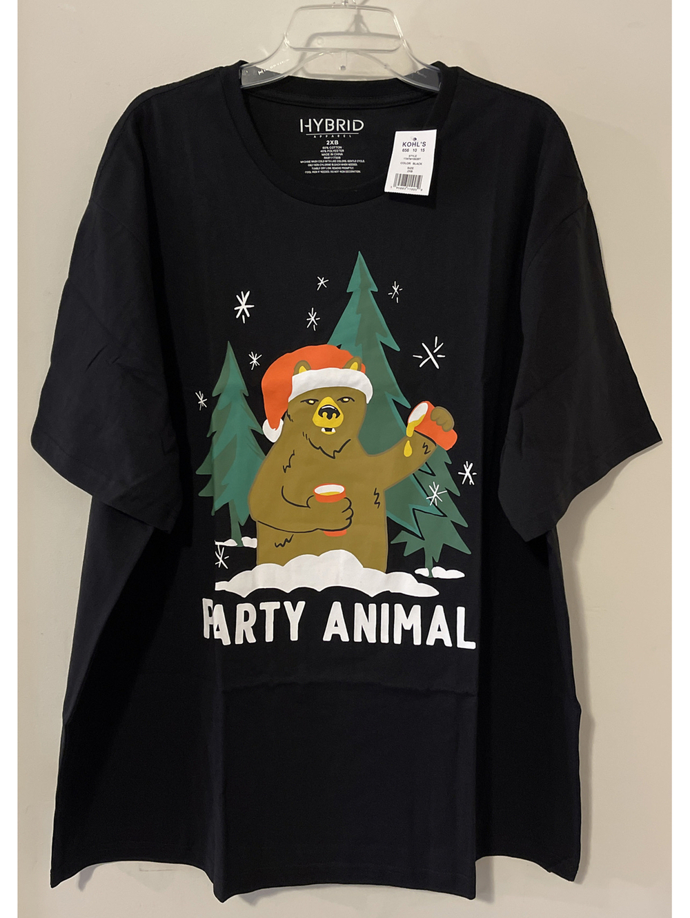 Hybrid Mens 2xb Black Party Animal Christmas Tree Bear Cotton Tshirt NWT! A7149